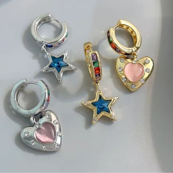 Gold Rainbow Charm Earrings –Heart & Star Drop, Colorful Crystal Statement Hoops - Picture 8 of 8